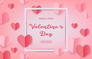 diseño de concepto de día de san valentín para aplicaciones web y de compras. tarjetas promocionales y de descuento. el tema del amor es tonos rosas y rojos. corazón hecho de papel.diseño de estilo de arte de papel para banner, publicidad vector