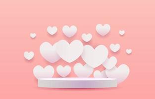 Pink stage for placing products. Empty cylinder podium. Concept of love or Valentine's Day. Sweet pink background decorated with hearts, Gift boxes, and shopping bags. Designed for background, banner vector