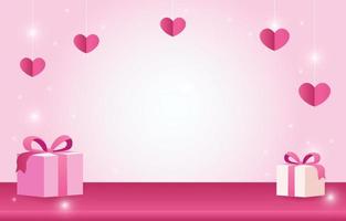 Pink stage for placing products. Empty cylinder podium. Concept of love or Valentine's Day. Sweet pink background decorated with hearts, Gift boxes, and shopping bags. Designed for background, banner vector