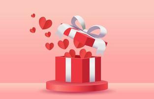 A red gift box on the podium. The lid of the gift box opened, inside have hearts. Open gift box with hearts bursting out of it. Pink and red tones Designed for decoration, illustration, card, ad, web. vector
