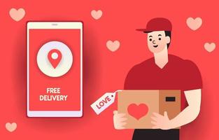 Delivery man Put on a mask, a redshirt, and a cap. Carrying a parcel box. Express delivery with a mobile app. Fast delivery, impressive customers. Fast man delivers illustration concept. red tone vector