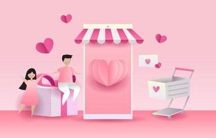 las parejas se dan regalos comprando un regalo para el amante en el día de san valentín. los hombres llevan bolsas de compras a las mujeres. mujeres contentas de recibir un regalo de un amante. diseño de ilustración vectorial para banner, sitio web vector