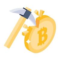 Bitcoin with hammer in editable style, bitcoin mining vector