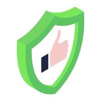 Hand gesture inside shield, secure feedback icon vector