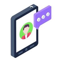 Avatar inside smartphone with speech bubble, video call iconVideo, call, mobile, chat, communication, smartphone, cellphone, vector, icon, isometric,
