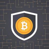 moneda de oro bitcoin con escudo en diseño de concepto de seguridad. vector de seguridad digital de moneda criptográfica. ilustración vectorial bitcoin