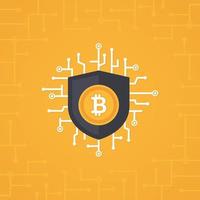 concepto de vector plano de seguridad bitcoin. seguridad digital bitcoin con placa de circuito sobre fondo blanco. ilustración de vector de moneda criptográfica