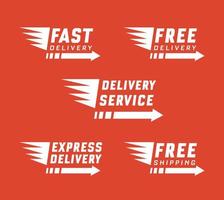 Set of delivery text signs and label. Vector set of delivery service on red background. Free delivery, free shipping labels. Illustration of shipments and free delivery