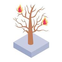 concepto de desastre de fuego, icono isométrico del árbol en llamas vector