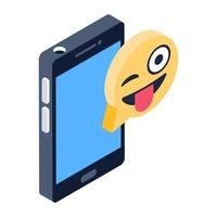 emoticono divertido dentro de la burbuja del habla en el teléfono, icono isométrico de chat divertido vector