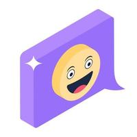 Funny emoticon inside speech bubble on phone, isometric icon of emoji message vector