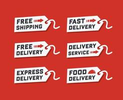 Vector set of delivery service on red background. Free delivery, free shipping labels. Illustration of shipments and free delivery. Delivery labels. Vector illustration