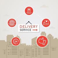 Concept of fast delivery service. Vector illustration of fast shipping. Delivery with flat line icons on city background. Logistic and shipping vector illustration