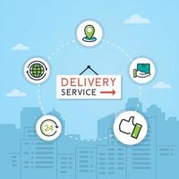 Delivery and shipping vector. Concept of shipping and delivery service. Vector illustration of fast shipping. Delivery with flat line icons on city background. vector illustration