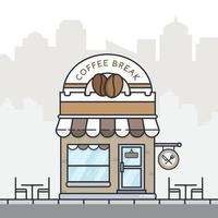 Coffee shop store building in flat design. Coffee break shop illustration. Store building on town street landscape. Vector illustration