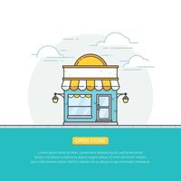 tienda en línea abierta, concepto de vector de edificio frontal de tienda. ilustración de escaparate en estilo plano. tienda en línea, diseño de banner de tienda. ilustración vectorial