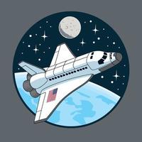 Space shuttle orbiting the Earth planet, the Moon and stars on background. Comic style vector illustration.