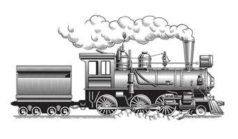 locomotora de tren de vapor vintage, vista lateral. Ilustración de vector dibujado a mano de estilo de grabado de ferrocarril antiguo.