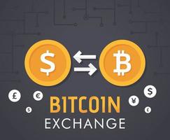 Cambio de moneda dolar a bitcoin. intercambio de bitcoin con símbolo de moneda bitcoin y signo de otras monedas. tecnología de criptomonedas. ilustración vectorial vector