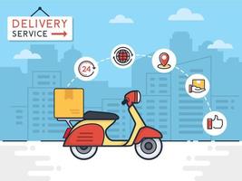 Delivery vector illustration. Delivery service with scooter motorcycle and cardboard boxes on city background. Delivery 24 hour concept. vector illustration