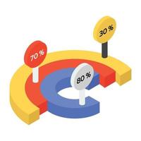 A pie chart denoting graphical representation in isometric icon vector