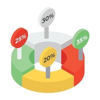 A pie chart denoting graphical representation in isometric icon vector