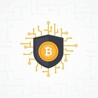 concepto de vector plano de seguridad bitcoin. seguridad digital bitcoin con placa de circuito sobre fondo blanco. ilustración de vector de moneda criptográfica