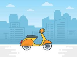 moto scooter en el fondo de la ciudad. ilustración vectorial del paisaje de la ciudad con scooter. ilustración vectorial de la ciudad vector