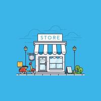 Online store building on blue background. Store front and scooter delivery. Street local retail shop building. Vector illustration