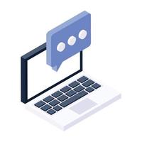 Online message icon, speech bubble with laptop in isometric style vector