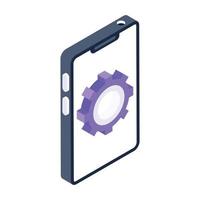 Gear inside mobile phone, isometric vector design of mobile configuration icon