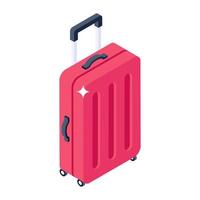 A red suitcase with wheels, luggage isometric icon vector