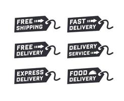Vector set of delivery service. Free delivery, free shipping labels. Illustration of shipments and free delivery. Delivery labels on white background. Vector illustration