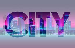 Night City Panorama with Neon Glow on Dark Background. Vector. vector