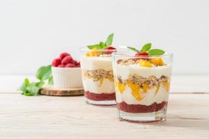homemade mango and raspberry with yogurt and granola photo