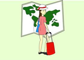 Young woman with luggage. Girl traveling vector