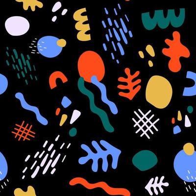 Seamless modern pattern with abstract various shapes and doodle objects. Trendy contemporary design