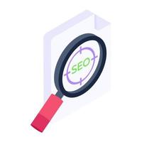 Seo report under magnifying glass, seo analysis icon vector