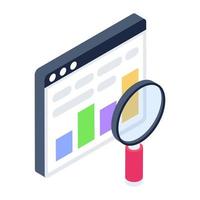 Bar chart under magnifying glass on web page, web analysis icon vector