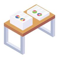 una mesa de madera con informe de análisis empresarial, icono isométrico de la mesa de oficina vector
