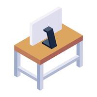 Isometric icon of computer desk, office furniture vector