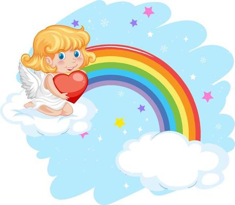 Angel girl sitting on cloud with rainbow