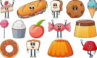 Set of facial expression with vintage style food cartoon on white background vector