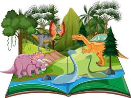 escena con dinosaurios en el libro vector