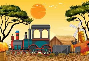 Train with natural scene farm scene vector