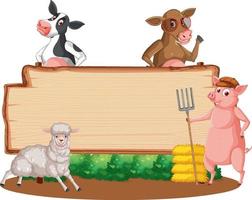 Blank wooden signboard with farm animals vector