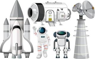 conjunto de objetos de nave espacial y robot vector