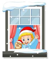 View through the window of girl in Christmas theme vector