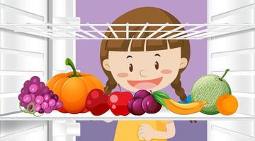 Girl looking at food in fridge vector