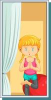 ver a través de la ventana del personaje de dibujos animados de la chica de yoga vector